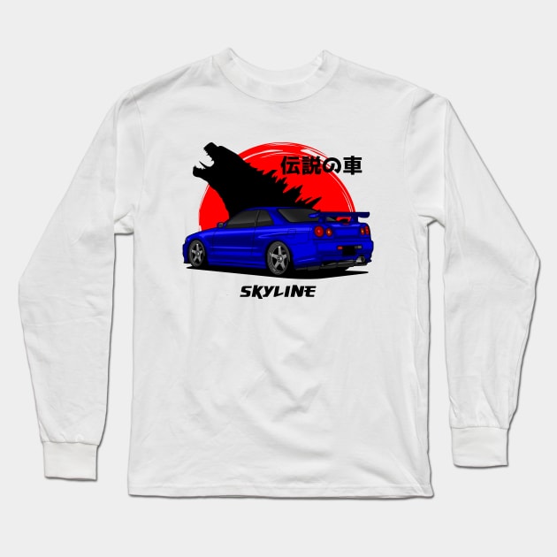 JDM Blue Skyline R34 GTR Long Sleeve T-Shirt by GoldenTuners